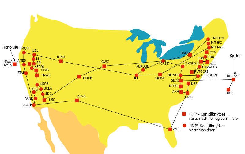Kart over utbredelsen av ARPANET i september 1974.