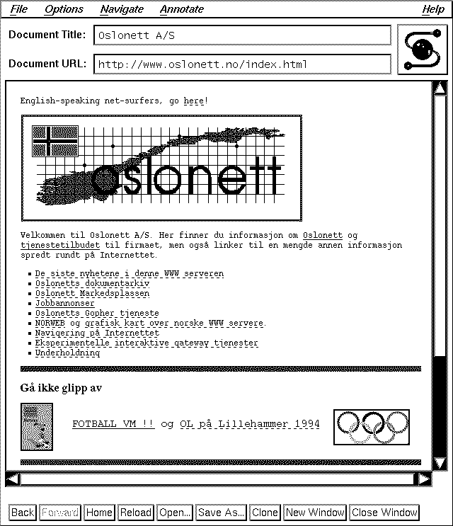 Oslonett sin hjemmeside i juli 1994.